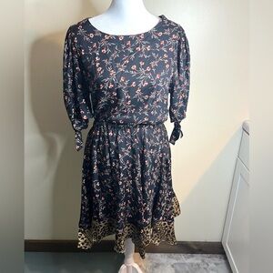 Rebecca Taylor Black Floral Dress with Leopard Accents Silk Blend Pockets